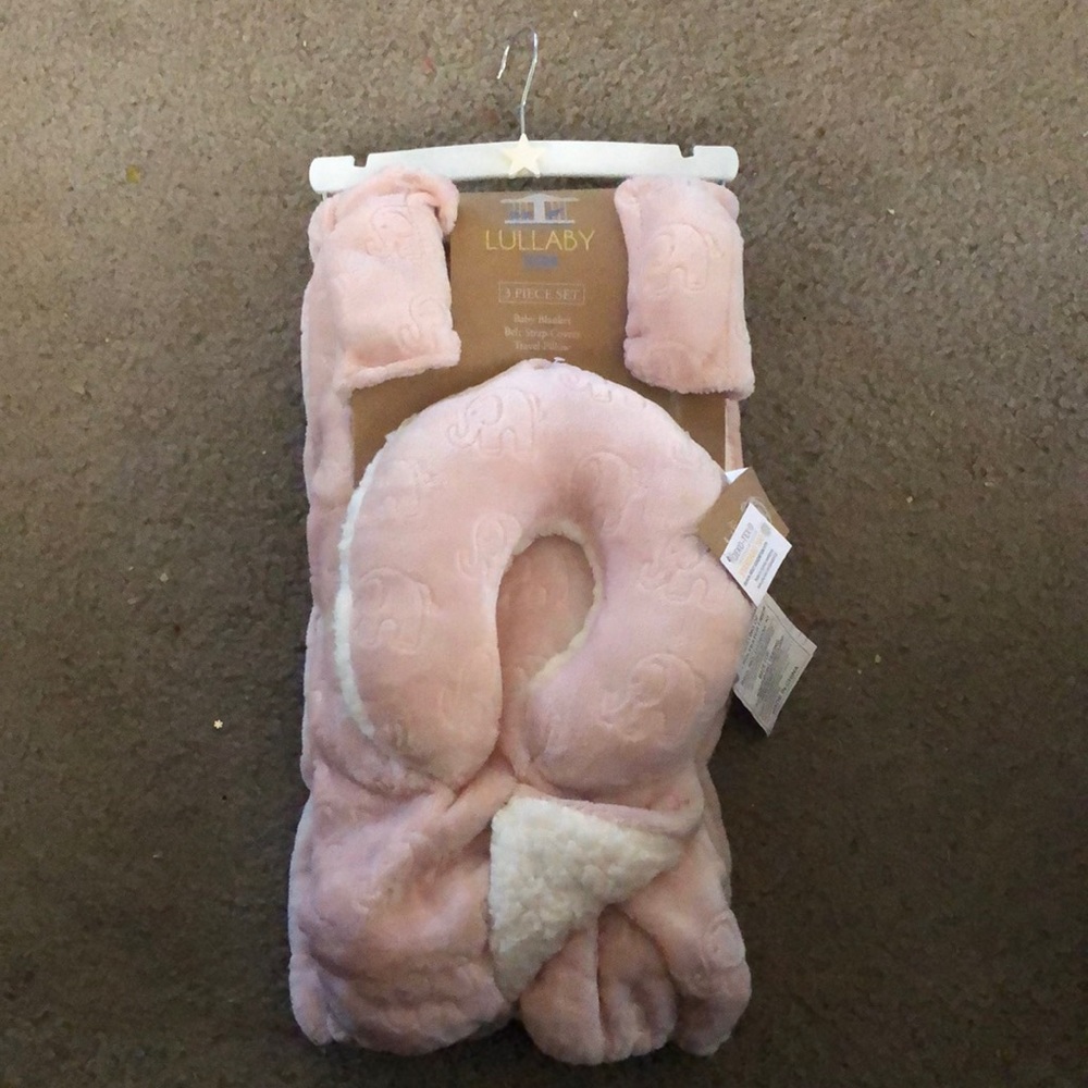 Lullaby Kids Pink Elephant baby blanket, travel pillow and belt straps